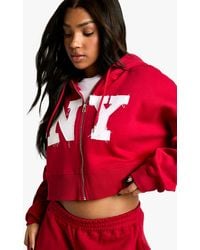 Boohoo - Ny Self Fabric Applique Boxy Zip Through Hoodie - Lyst