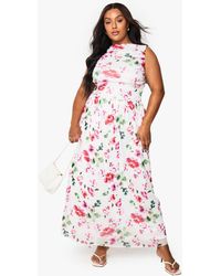 Boohoo - Plus Floral Mesh Ruched Drop Hem Maxi Dress - Lyst