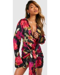 Boohoo - Tie Front Floral Shirt Dress - Lyst
