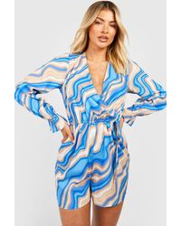 Boohoo - Marble Wrap Front Long Sleeve Romper - Lyst
