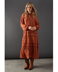 Warehouse - Metallic Jacquard Dobby Lace Insert Midi Smock Dress - Lyst