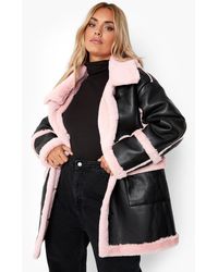 Boohoo - Plus Pink Faux Fur Trim Longline Aviator Jacket - Lyst