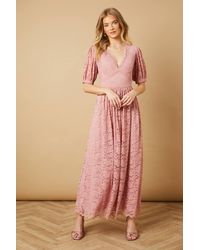 Oasis - Lace Puff Sleeve V Neck Midaxi Dress - Lyst