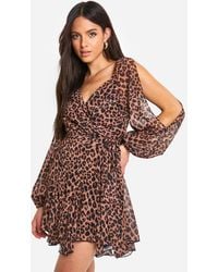 Boohoo - Leopard Chiffon Lace Back Puff Sleeve Wrap Skater Dress - Lyst