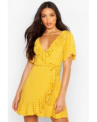 polka dot wrap front ruffle tea dress