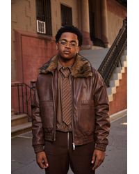 BoohooMAN - Oversized Boxy Fit Antique Pu Bomber With Faux Fur Collar - Lyst