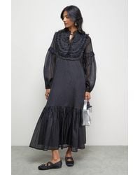 Oasis - Premium Crinkle Stripe Organza Frill Pleat Detail Midi Dress - Lyst