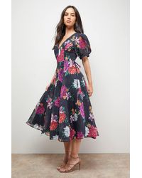Oasis - Printed V Neck Puff Sleeve Midaxi Dress - Lyst