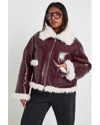 Boohoo - Plus Vinyl Faux Fur Trim Jacket - Lyst