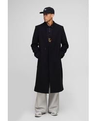 BoohooMAN - Oversized Longline Double Breasted Collarless Melton Overcoat - Lyst