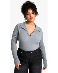 Boohoo - Plus Soft Rib Collared Long Sleeve Top - Lyst