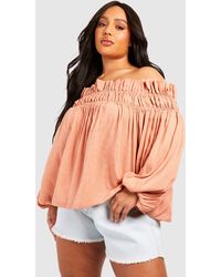 Boohoo - Plus Woven Textured Off The Shoulder Smock Top - Lyst