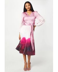 Coast - Placement Print Tie Front Satin Blouson Sleeve Midi Dress - Lyst