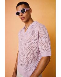 BoohooMAN - Short Sleeve Boxy Fit Revere Open Knit Polo In Lilac - Lyst