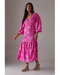 Warehouse - Burnout Chiffon Plunge Neck Ruched Bodice Peplum Midi Dress - Lyst