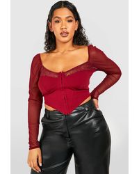 Boohoo - Plus Mesh And Lace Hook And Eye Corset Top - Lyst