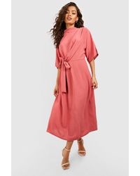 Boohoo - Hammered Knot Front Cowl Neck Midi Dress - Lyst