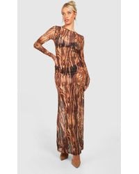 Boohoo - Leopard Print Mesh Long Sleeve Maxi Dress - Lyst