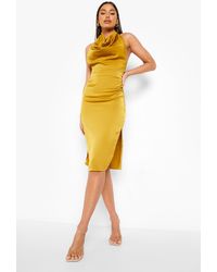 satin floral cowl flute hem slip dress