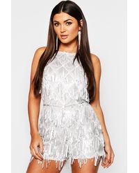 Boohoo Womens Tassel Sequin Halterneck Romper - Gray - 4