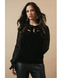 Oasis - Lace Sleeve Velvet Tie Neck Blouse - Lyst