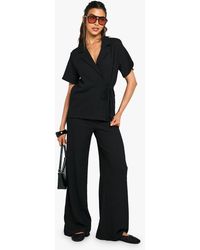 Boohoo - Textured Wrap Front Top And Wide Leg Trouser Co-Ord - Lyst
