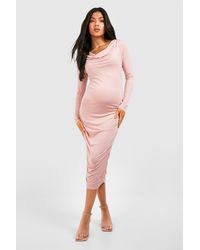 Boohoo - Maternity Long Sleeve Slinky Cowl Neck Midi Dress - Lyst