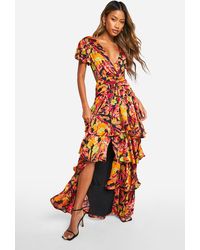 Boohoo - Printed Ruffle Tiered Cut Out Maxi Dress - Lyst