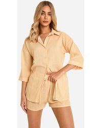 Boohoo - Linen Look Stripe Oversized Shirt & Shorts Set - Lyst