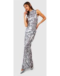 Boohoo - Tall Sequin Snake Print High Neck Ruched Side Midaxi Dress - Lyst