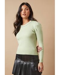 Oasis - Embellished Neck Ribbed Puff Sleeve Knitted Top - Lyst