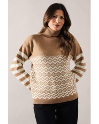 Wallis - Striped Sleeve Fairisle Front Roll Neck Sweater - Lyst