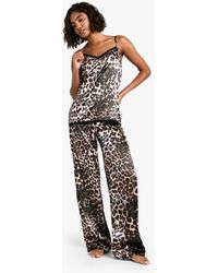Boohoo - Tall Leopard Print Lace Trim Satin Cami Top & Pants Pyjama Set - Lyst