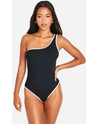 Boohoo - Contrast Binding Ribbed One Shoulder Bathing Suit - Lyst