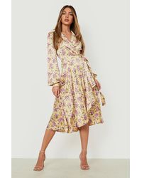 Boohoo Floral Wrap Belted Midi Dress - Yellow