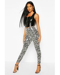 Boohoo Womens Schwarz-weiße Leggings aus Vinyl mit hohem Bund in Leoparden-Print