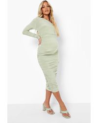 Boohoo Maternity One Shoulder Ruched Midi Dress - Green
