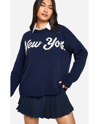 Boohoo - New York Oversized Crew Neck Knitted Sweater - Lyst