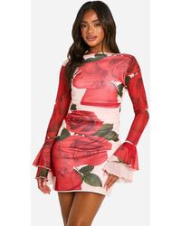 Boohoo - Slash Neck Rose Mesh Print Flare Sleeve Mini Dress - Lyst