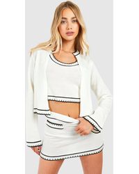 Boohoo - Contrast Stitch 3 Piece Knitted Cardigan, Crop Top And Mini Skirt Set - Lyst