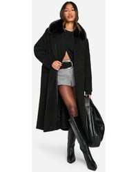 Boohoo - Faux Fur Trim Oversized Double Breasted Wool Look Coat - Lyst