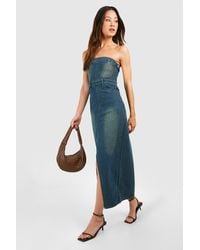 Boohoo - Tall Bleached Denim Bandaeu Front Split Midaxi Dress - Lyst