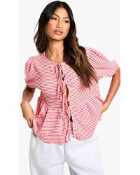 Boohoo - Gingham Tie Front Puff Sleeve Smock Top - Lyst