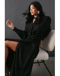 Warehouse - Metallic Shadow Stripe Tie Neck Button Side Wrap Midi Dress - Lyst