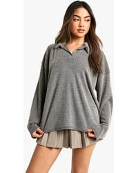 Boohoo - Brushed Rib Open Collar Oversized Top - Lyst