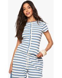 Boohoo - Stripe Rib Button Through Short Sleeve Top - Lyst