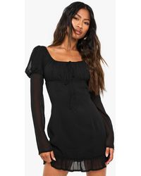 Boohoo - Crinkle Chiffon Long Sleeve Mini Dress - Lyst