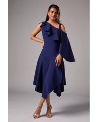 Coast - Petite One Shoulder Ruffle Crepe Midi Wedding Guest Dress - Lyst