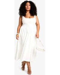 Boohoo - Plus Ribbed Scoop Neck Mixed Fabric Skater Midaxi Dress - Lyst