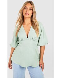 Boohoo - Plus Woven Puff Sleeve V Neck Smock Top - Lyst